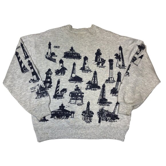 Vintage 90s Light Houses All Over Print AOP Crewneck Gray Sweatshirt Size Large - Picture 2 of 10